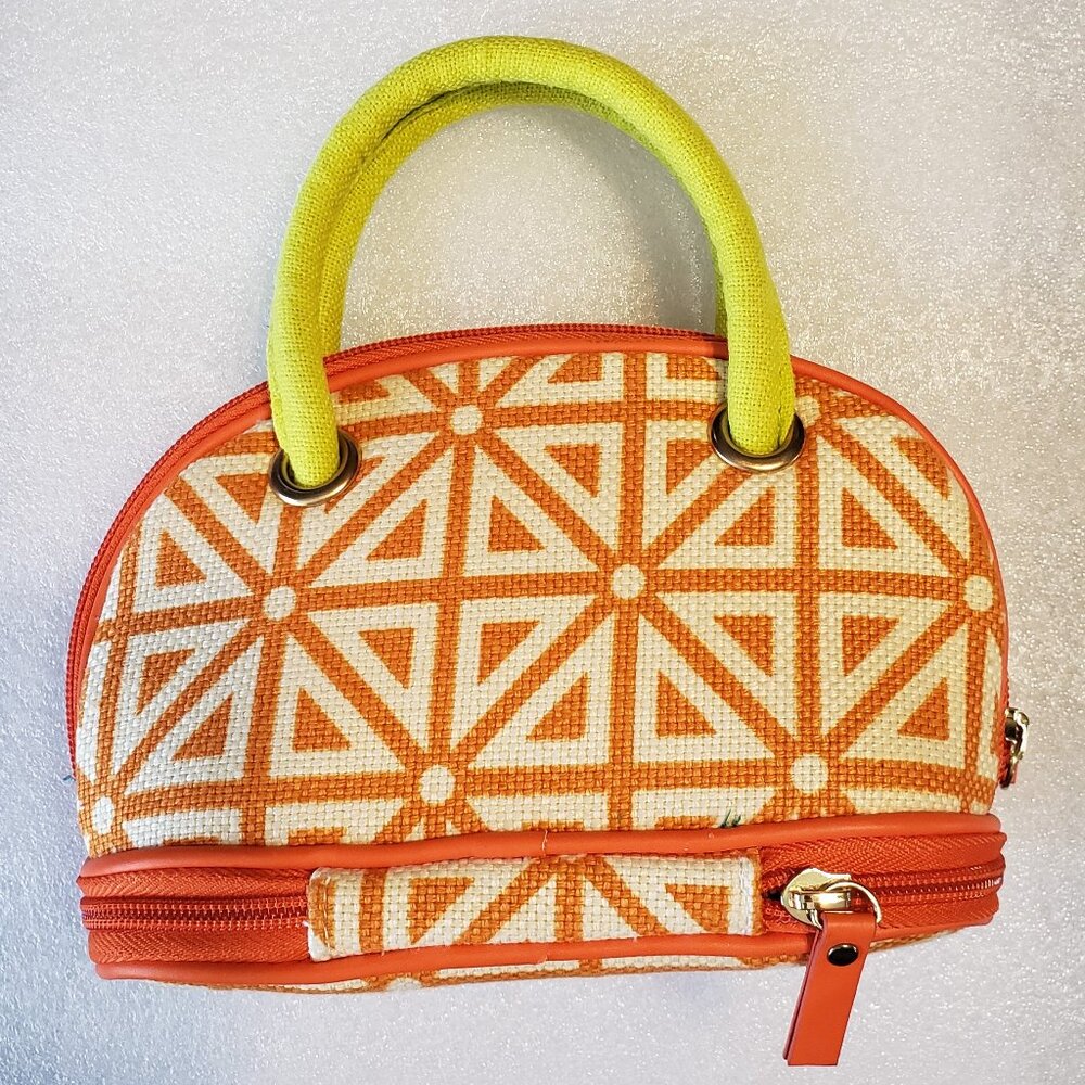 Spartina Mini Satchel Cosmetic Bag Linen Leather Makeup Case Orange & Cream